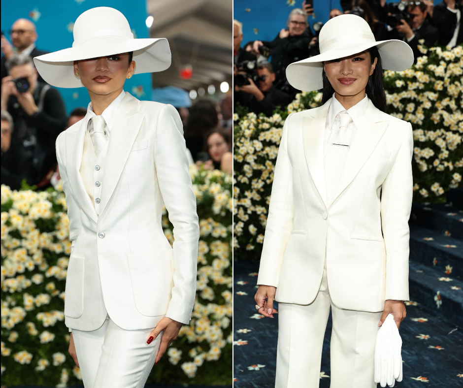 Zendaya, Anna Sawai, Met Gala 2025, red carpet, fashion, white suit, Louis Vuitton, Dior, stylist, Law Roach, Karla Welch, Euphoria, Shōgun, celebrity style, identical outfits, Black dandyism, tailored for you, Met Gala debut, engagement ring, Tom Holland
