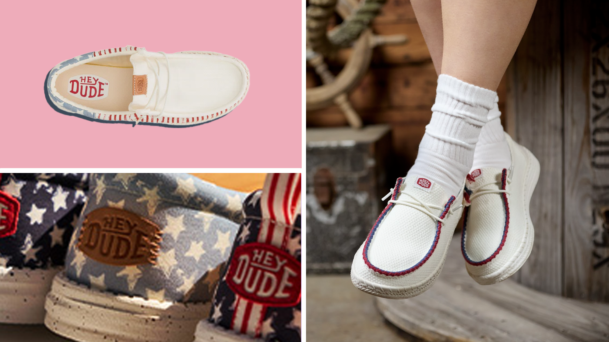 HeyDude, Americana shoes, summer 2025, Memorial Day, Fourth of July, red white and blue, slip-ons, comfort shoes, durable shoes, supportive shoes, men's shoes, women's shoes, kids' shoes, backyard BBQ, fireworks, golf, summer wardrobe, MAY25 discount, HeyDude golf shoes, new HeyDude shoes
