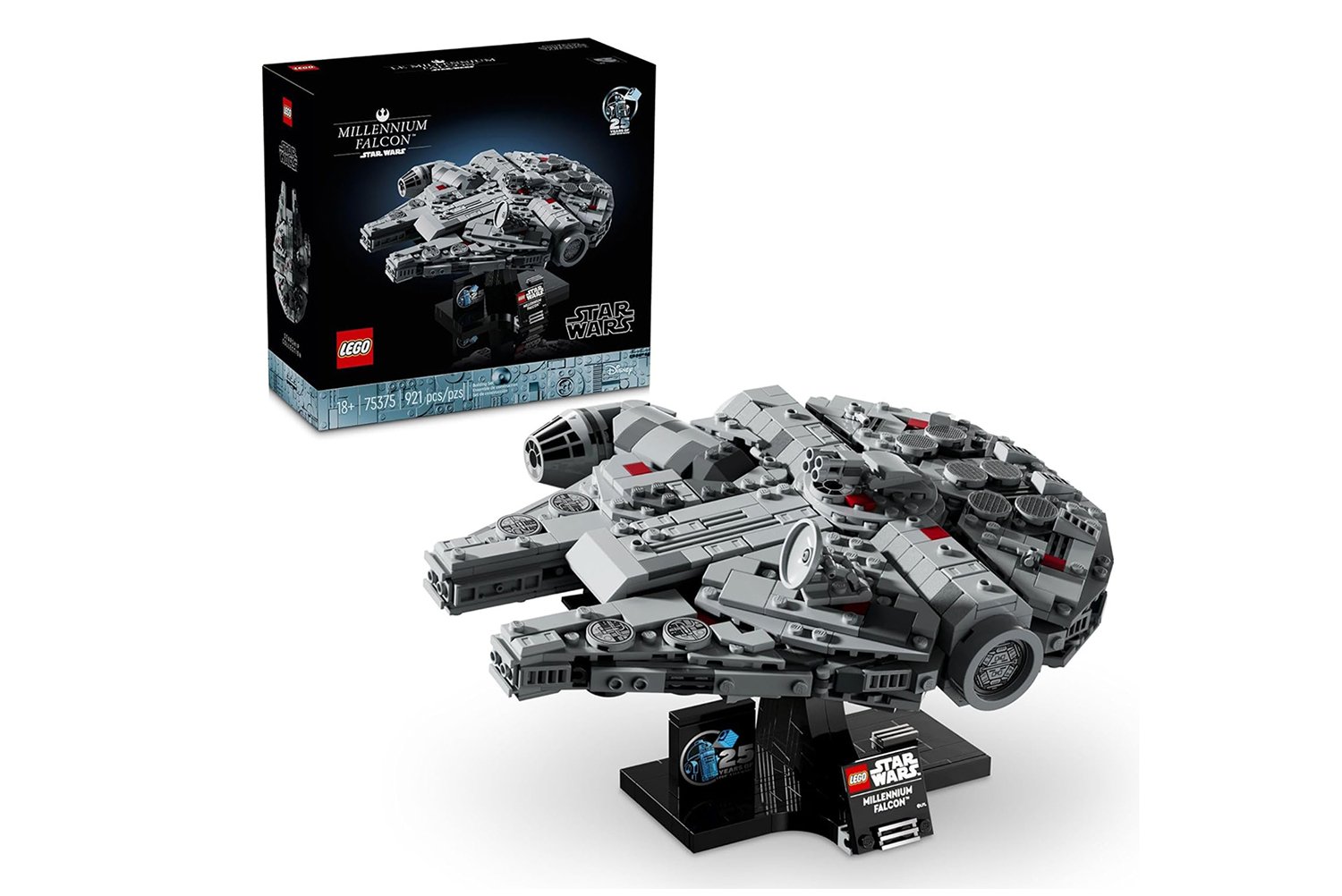 LEGO Star Wars, Millennium Falcon, A New Hope, 25th Anniversary, May the Fourth, Star Wars Day, LEGO deals, Amazon, discounts, collectible, model, building set, adult LEGO, experienced builders, display stand, LEGO Star Wars 25th Anniversary brick
