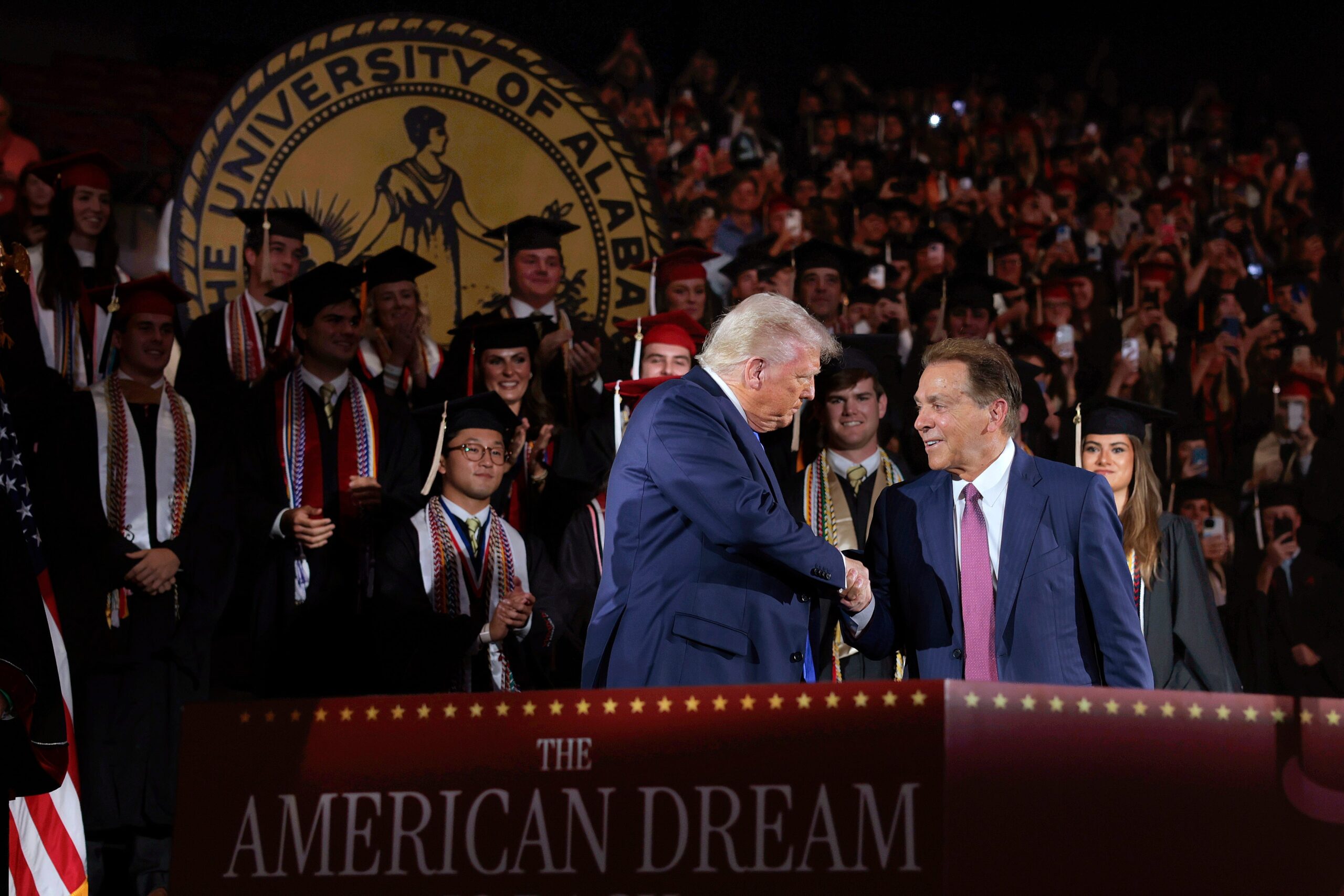 Donald Trump, college athletics commission, NIL, name image likeness, college sports, Nick Saban, transfer portal, booster compensation, college athletes, employee status, Title IX, revenue-share, conference membership, TV contracts, executive order
