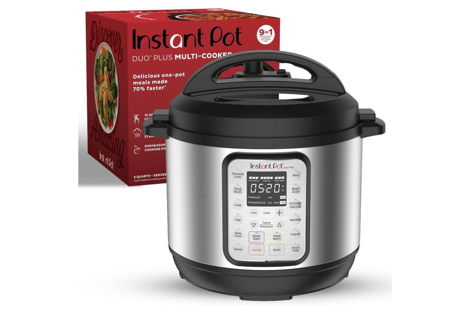 Instant Pot, Duo Plus, multi-cooker, pressure cooker, slow cooker, rice cooker, steamer, sauté pan, yogurt maker, food warmer, sterilizer, egg cooker, Amazon, sale, discount, kitchen appliance, cooking, meal prep, time-saving, easy cooking
