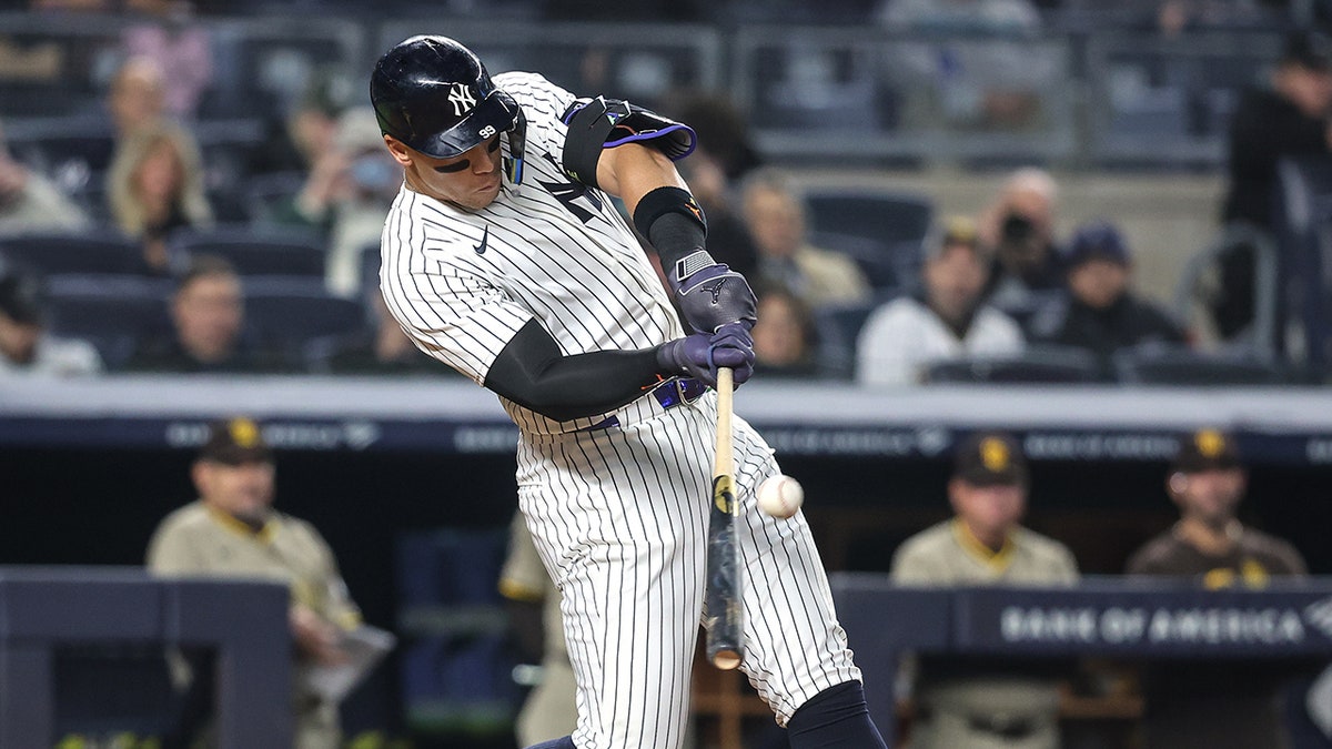 Aaron Judge, New York Yankees, home run, baseball, souvenir, fan, MLB, batting average, on-base percentage, slugging percentage, Austin Wells, grand slam, Wandy Peralta, San Diego Padres, Bronx, sports, Fox News
