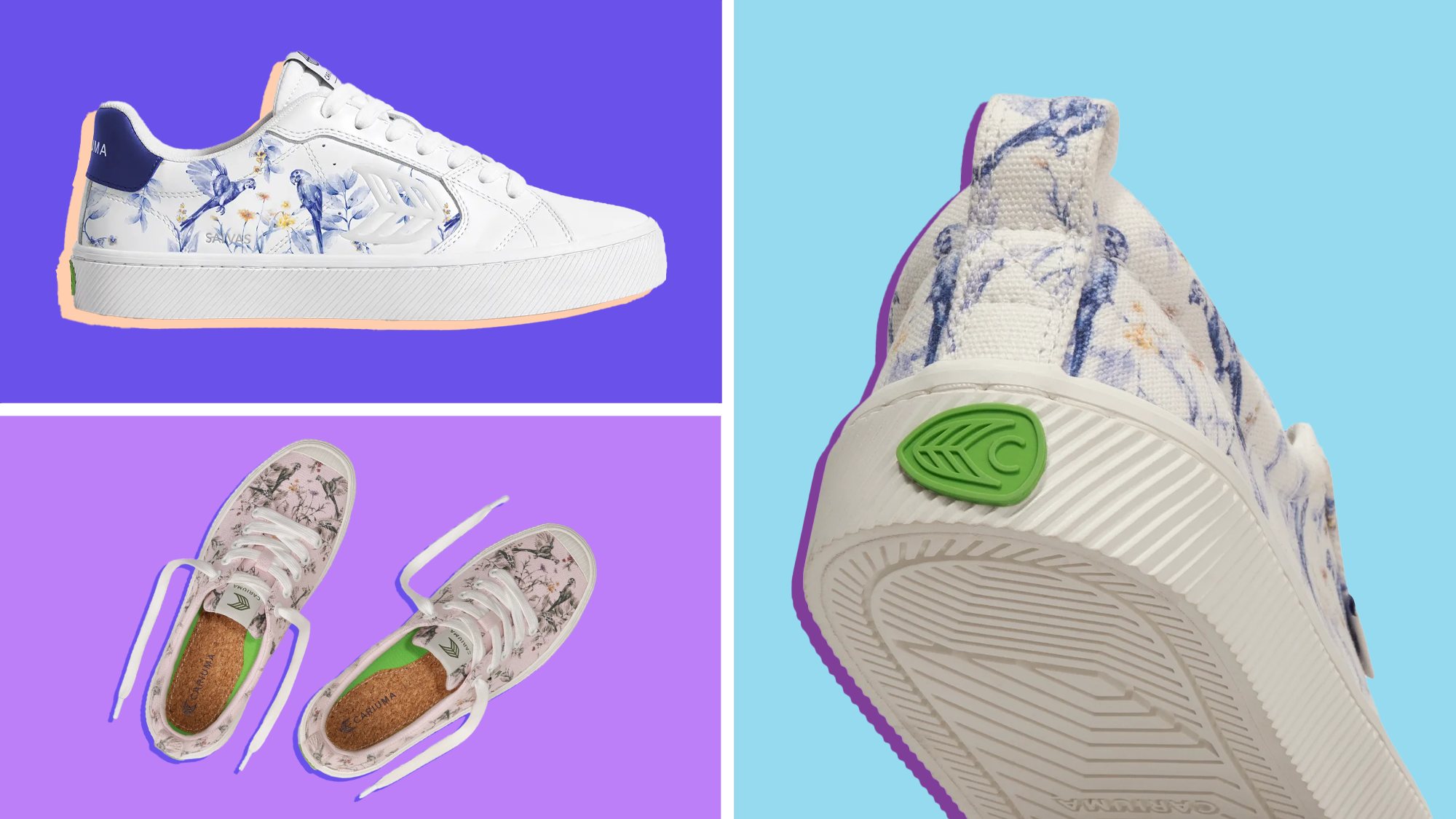 Cariuma, Parrot Print, OCA Low, Salvas, sneakers, sustainable shoes, eco-friendly fashion, Earth Month, Brazil, biodiversity, organic cotton, natural rubber, ethically sourced leather, pre-order, Lilac, Khaki, womens shoes, mens shoes

