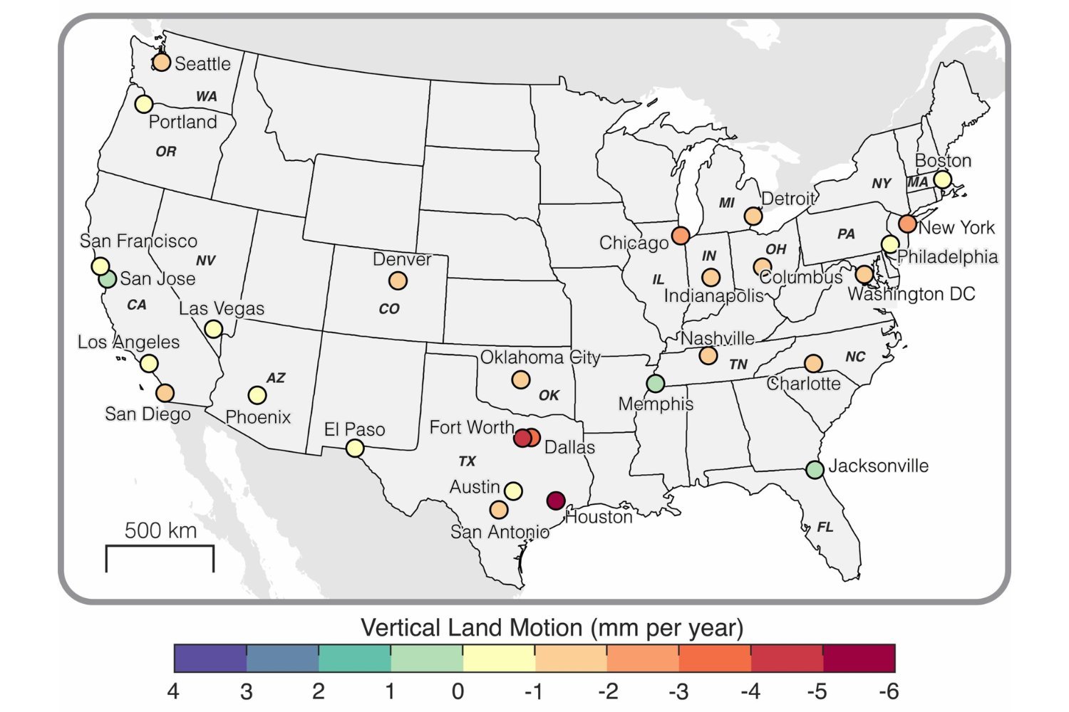 city sinking, land subsidence, groundwater extraction, infrastructure risk, urban areas, satellite data, vertical land movement, coastal cities, inland cities, Houston, New Orleans, Denver, Oklahoma City, Fort Worth, New York, Las Vegas, Washington D.C., San Francisco, differential motion, building damage, flood vulnerability, climate change, population growth, mitigation efforts
