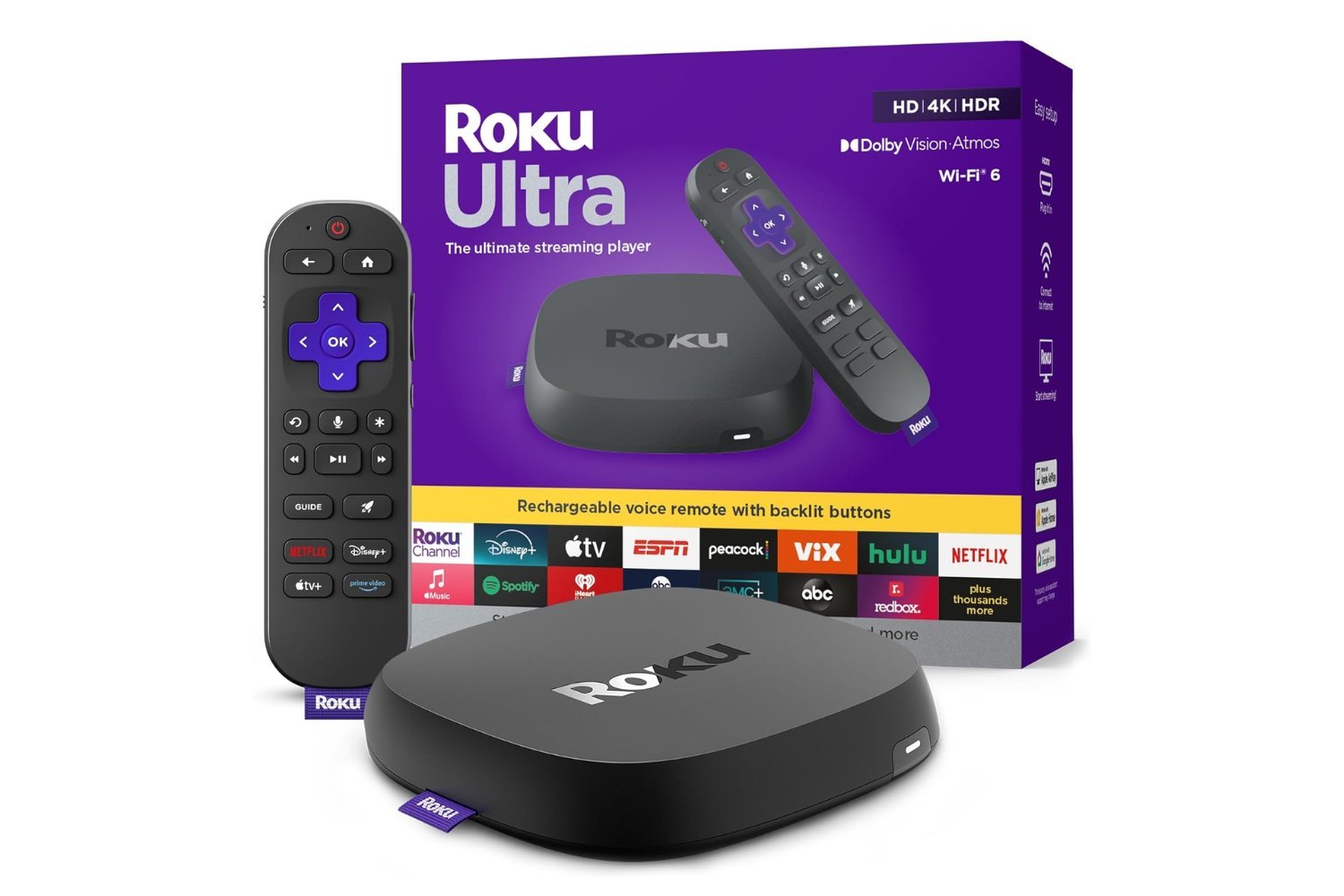 Roku Ultra, streaming device, 4K streaming, Dolby Vision, HDR10+, Dolby Atmos, Roku Voice Remote Pro, Amazon deal, streaming player, best Roku, Roku Channel, rechargeable remote, voice commands, streaming platforms, TV shows, movies
