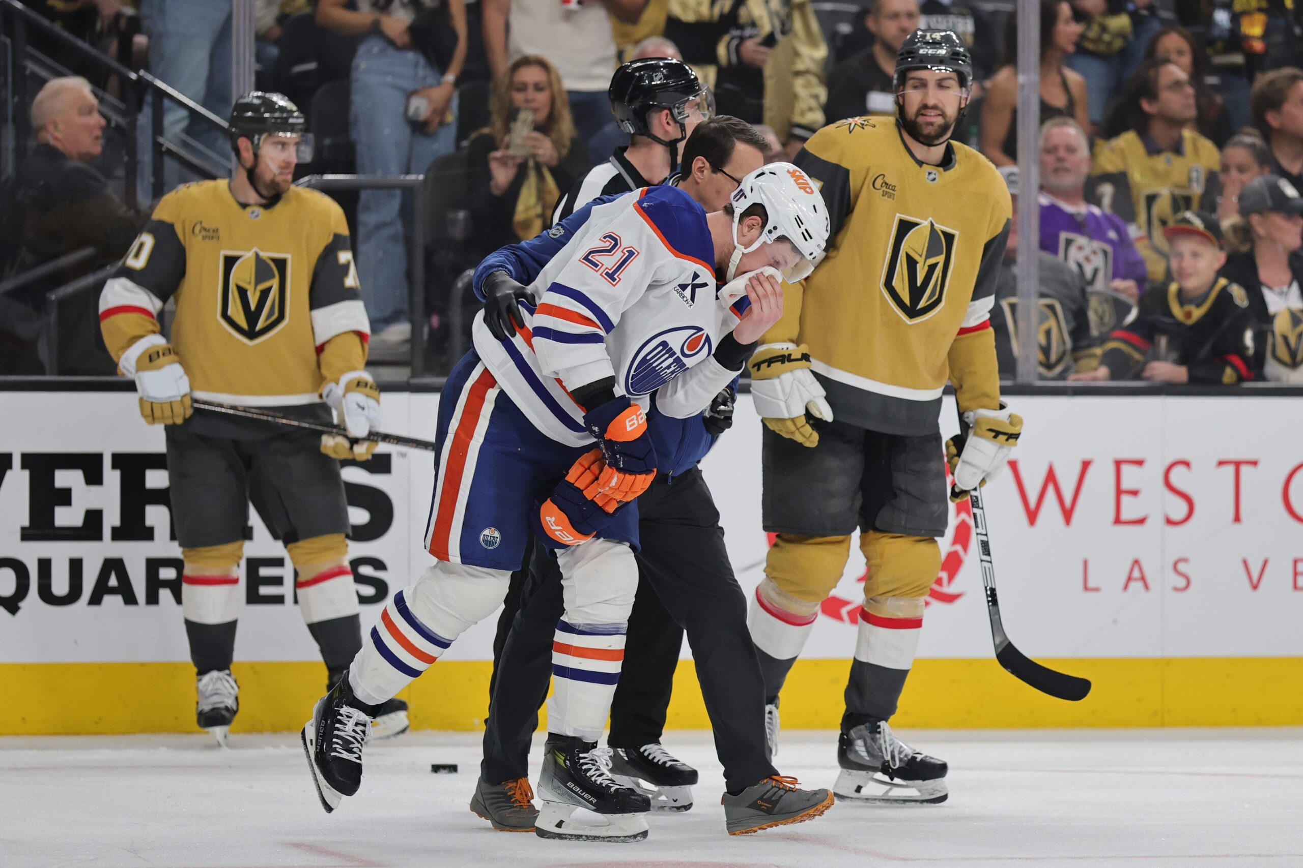 Vegas Golden Knights, Edmonton Oilers, Nicolas Roy, Trent Frederic, NHL Player Safety, cross-checking, suspension, Game 3, Brayden McNabb, injury, Viktor Arvidsson, Bruce Cassidy, Leon Draisaitl, NHL Playoffs, hockey
