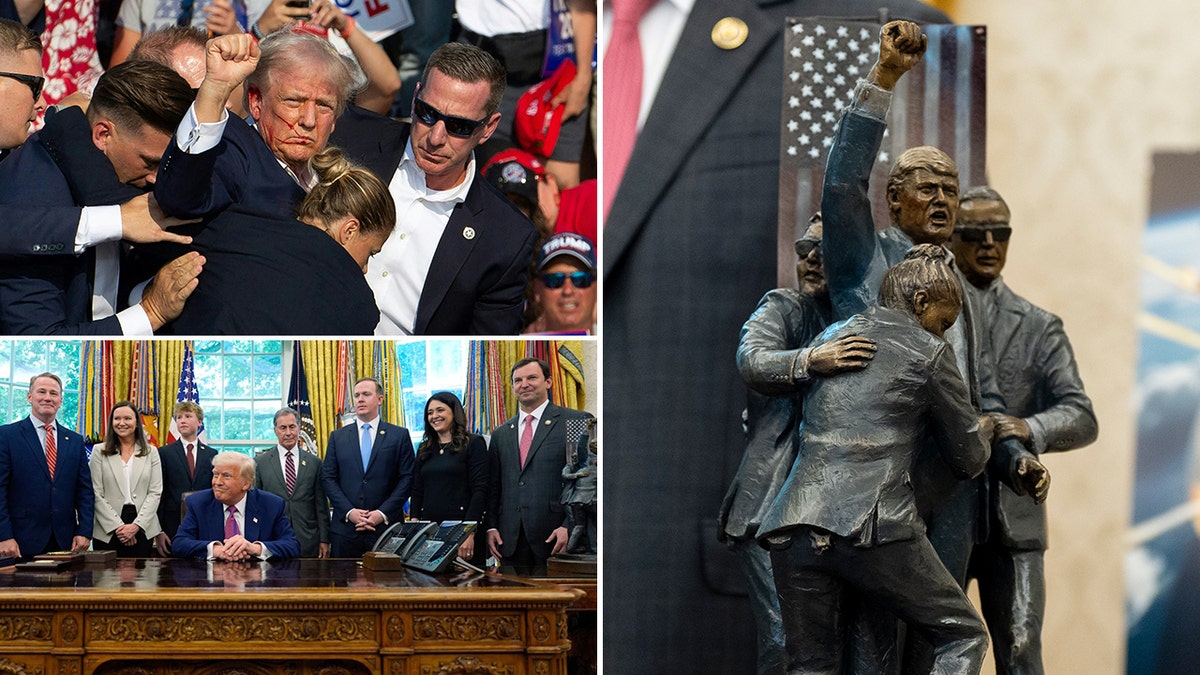 Donald Trump, assassination attempt, Butler PA, bronze sculpture, Oval Office, Sean Curran, Thomas Matthew Crooks, Butler Farm Show Grounds, 2024 election, Trump Statue Project, Stan Watts, Bill Secunda, political art, presidential memorabilia, resilience, bravery, Old Glory flag, divine intervention
