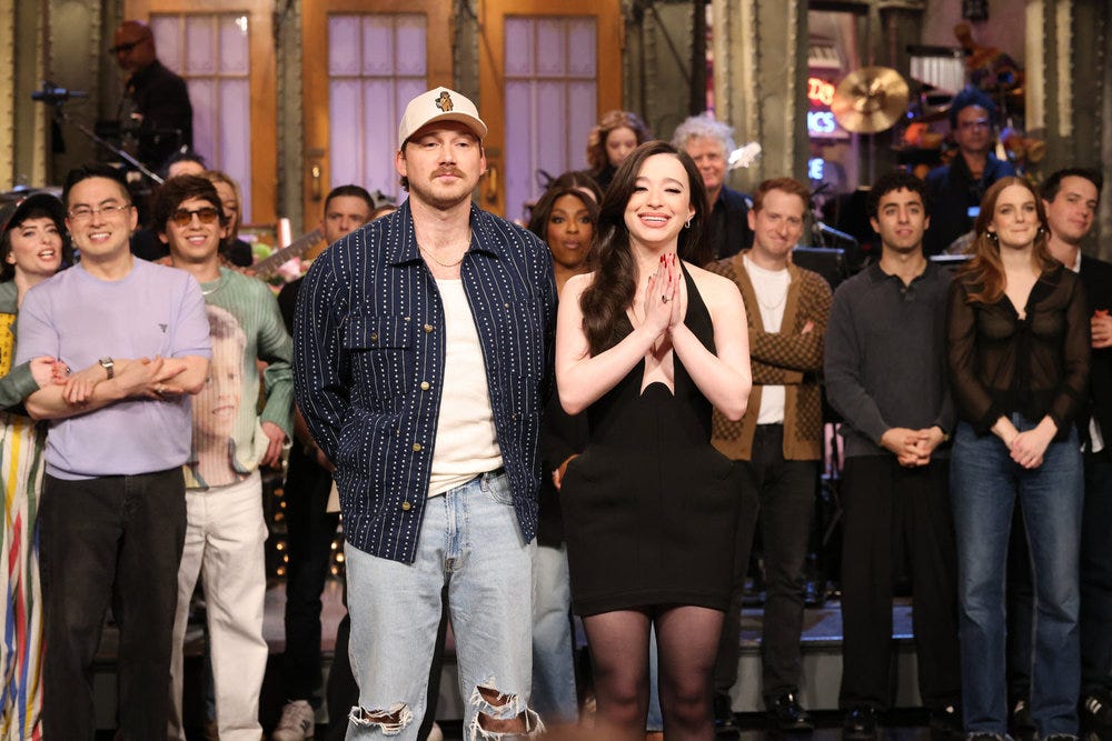 Morgan Wallen, SNL, Saturday Night Live, Caleb Pressley, Sundae Conversation, Mikey Madison, Get me to Gods country, Colin Jost, Weekend Update, Kenan Thompson, musical guest, controversy, exit, Donald Trump, James Austin Johnson, Im the Problem, country music, interview, celebrity news, entertainment
