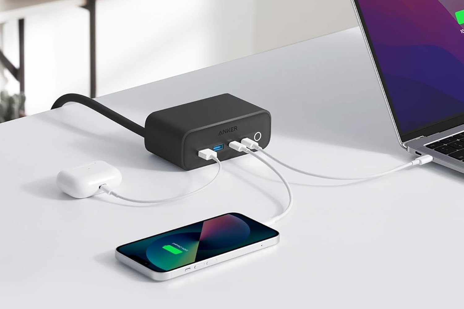 Anker charging station, USB-C charger, desktop charger, multi-port charger, fast charging, device charging, power adapter, charging block, Samsung charger, JBL charger, Apple Watch charger, MacBook Pro charger, ActiveShield 2.0, device protection, cable management, desk organization, Amazon deal, discount, sale, charging station review
