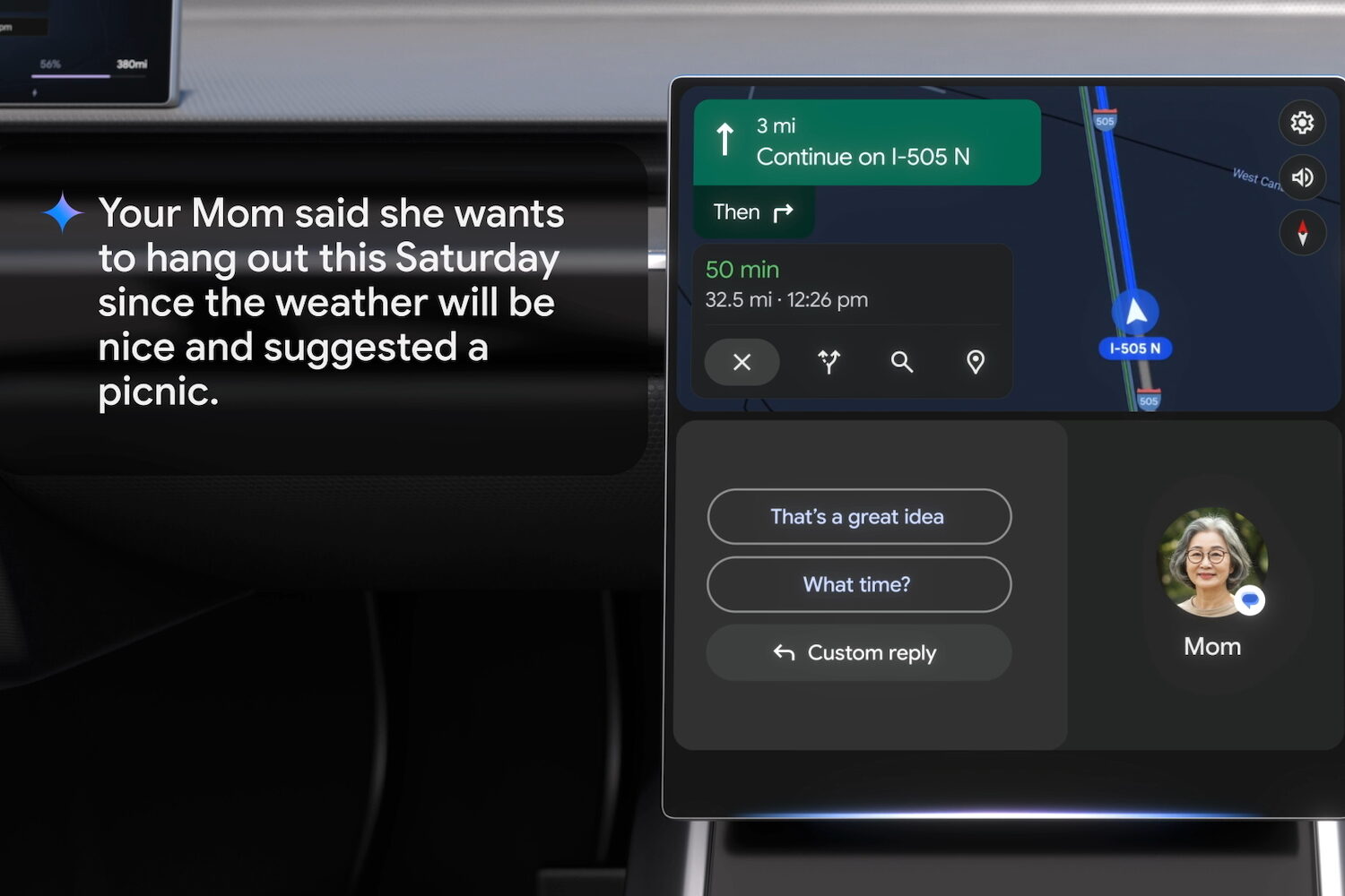 Gemini AI, Android Auto, Google Assistant, in-car AI, voice control, hands-free driving, Google Maps, car technology, driving safety, AI features, in-car entertainment, connected car, AI chatbot, voice commands, car user interface, Google I/O, Gemini Live, automotive AI, distracted driving
