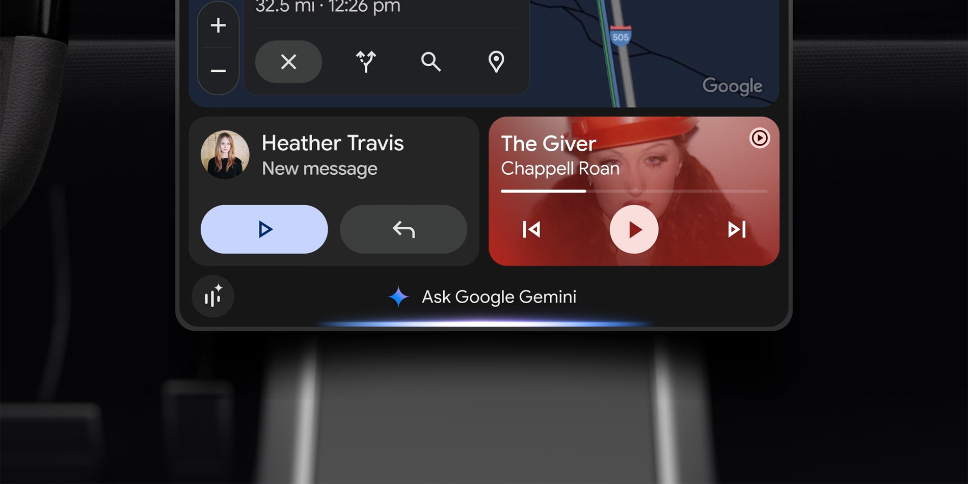 Gemini, Android Auto, Android Automotive, Google Assistant, AI, artificial intelligence, voice assistant, car technology, in-car assistant, I/O 2025, voice control, voice commands, restaurant search, translation, Gemini Live, Google Calendar, YouTube Music, Spotify
