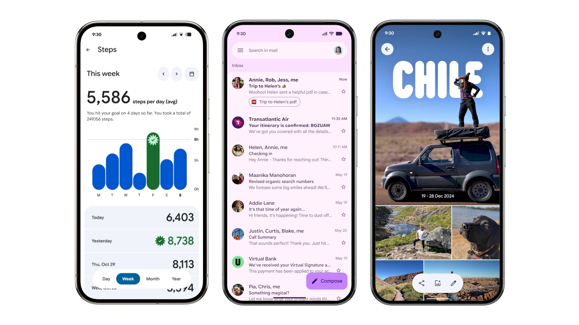 Android 16, Wear OS 6, Material 3 Expressive, Google, Fitbit app, Gmail, Google Photos, redesign, UI, user interface, update, first-party apps, Android, stats pages, Steps, inbox view, albums view
