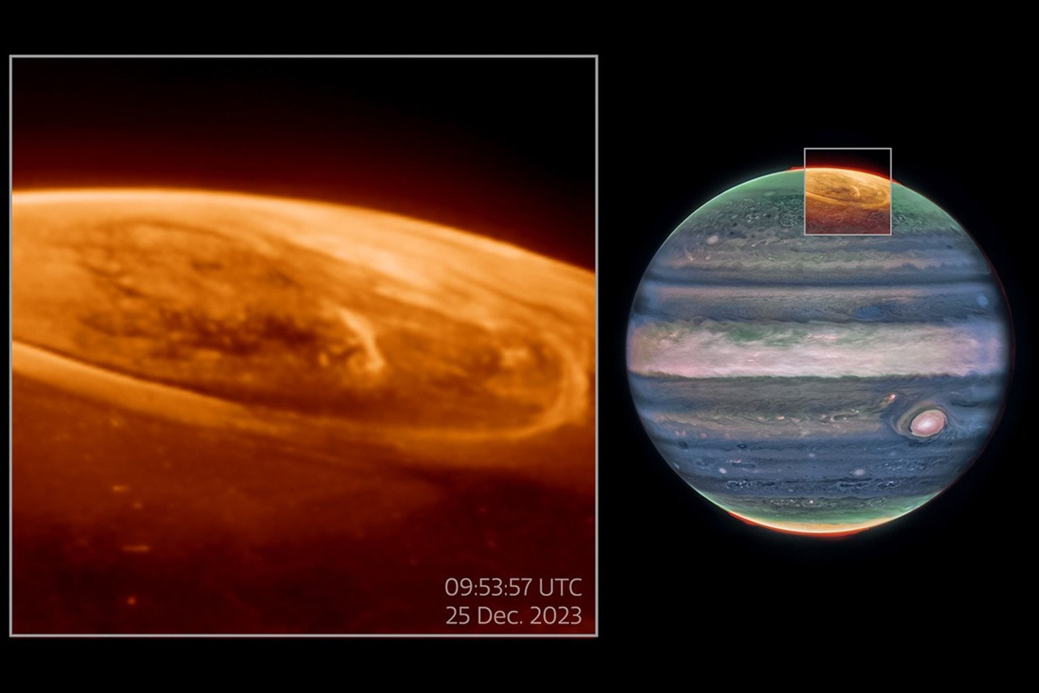 Webb telescope, Jupiter auroras, Hubble Space Telescope, NIRCam, trihydrogen cation, Juno mission, aurora observations, space exploration, planetary science, auroral display, infrared wavelengths, ultraviolet light, magnetic field, charged particles, Io, atmospheric cooling, atmospheric heating
