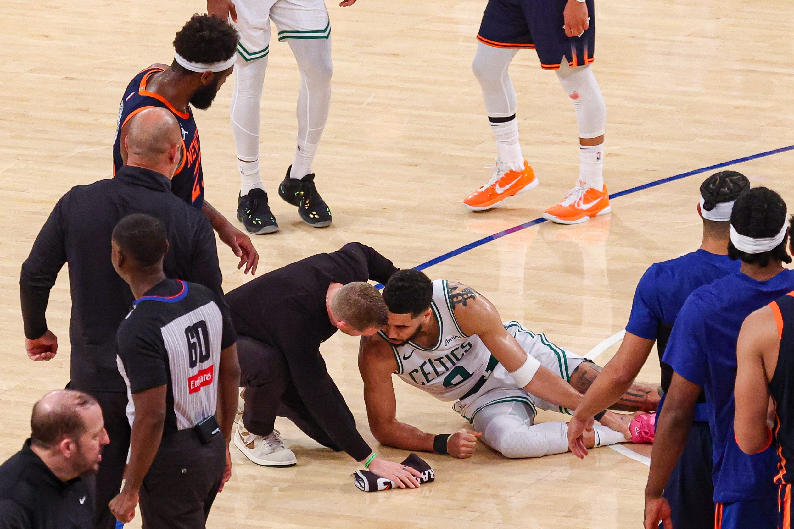 Boston Celtics, Jayson Tatum, injury, Achilles tendon, surgery, NBA Playoffs, Eastern Conference Semifinals, New York Knicks, Game 5, Joe Mazzulla, basketball, sports, injury report
