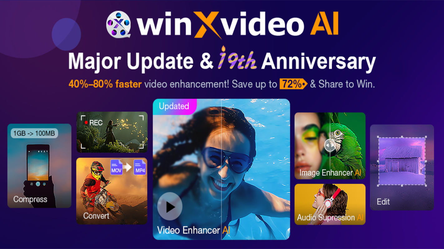 Winxvideo AI, video upscaling, photo enhancement, AI video editing, AI photo editing, video stabilization, frame interpolation, video noise reduction, image upscaling, face recovery, image colorization, Digiarty, video quality improvement, photo quality improvement, AI software, video compression, photo restoration, 4K upscaling, low resolution video, blurry photos, old photos, video formats, image formats
